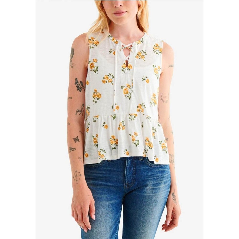 Lucky Brand NWT White/Yellow Floral Ruffle Peplum Top Split Neck Sz L